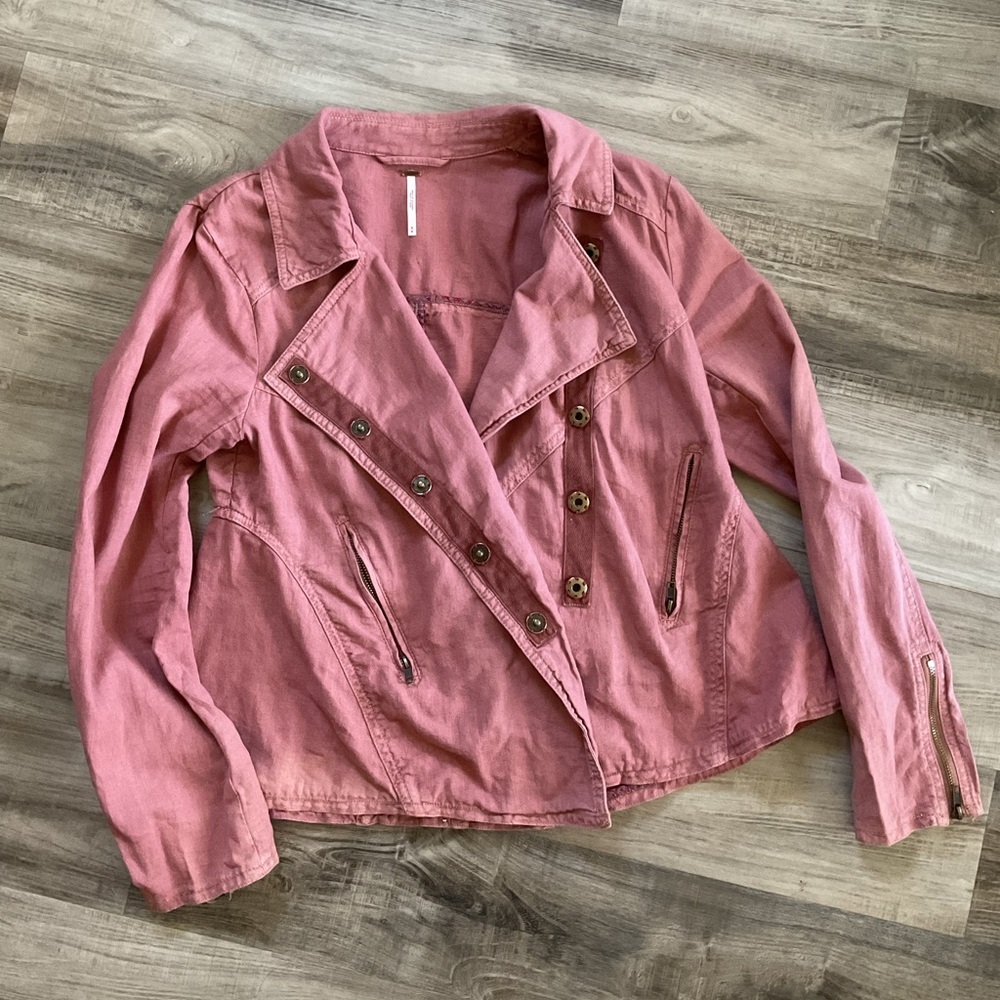 Free People Rosewood Linen Moto Style Jacket Zipper Pockets Snap Close M - Picture 3 of 6